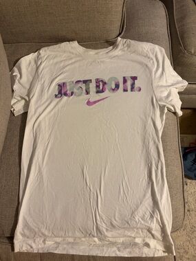 Nike White Tee with Pink and Purple 'Just Do It.' Graphic